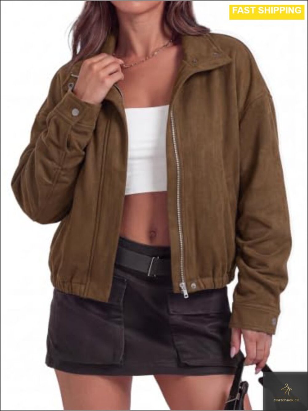 Faux Suede Bomber Jacket Women Loose Zip Up Cropped Coat